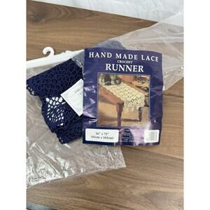 Vintage Hand Made Crochet Runner Lace 100% Cotton Navy 16"x72 Topper Doily NOS